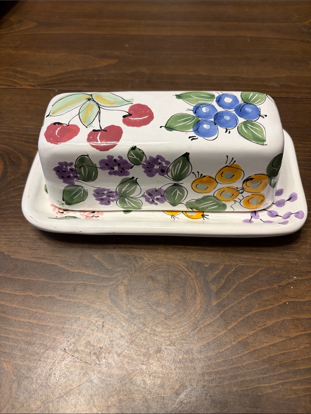 Mesa International White Ceramic Butter Dish with Multicolor Fruit Motifs